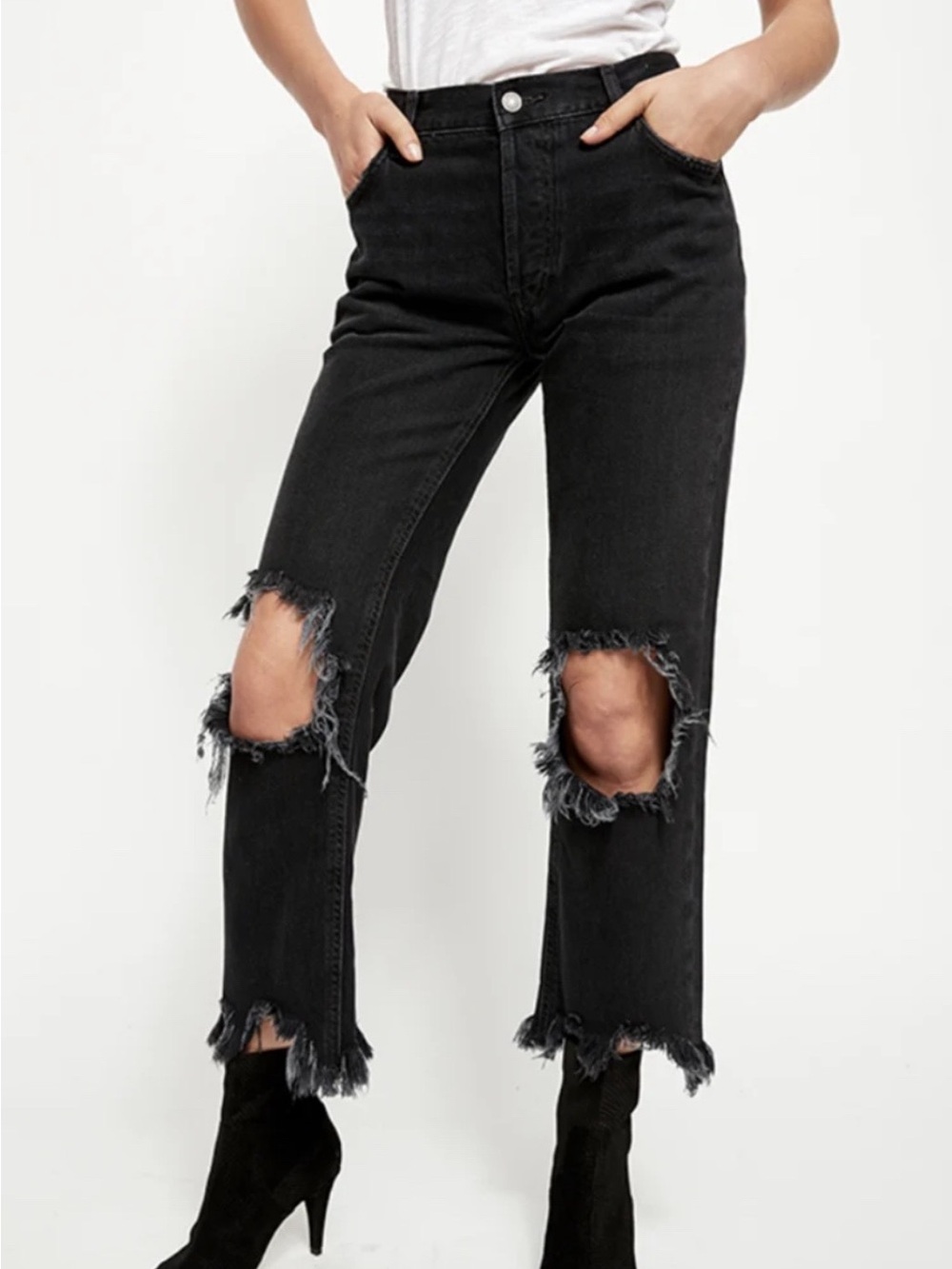 We The Free Maggie Ripped Jeans Black Size 29 Baggy Cropped Wide Leg Free People